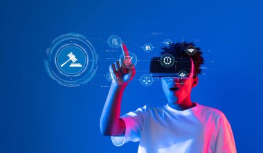 A vibrant image of a young user exploring virtual reality technology, emphasizing compliance and regulatory themes through digital elements like a gavel and legal icons. XDMCP