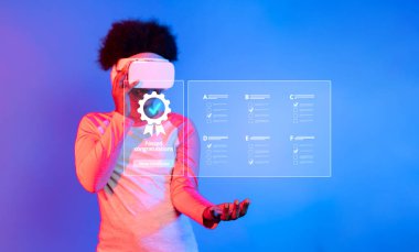 A user interacts with a virtual reality system showcasing quality control and client satisfaction metrics, emphasizing modern technology role in management and assurance. XDMCP