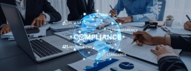 A diverse business team engages in a compliance discussion, focusing on regulations and standards. Visual elements highlight the importance of transparency and effective collaboration. Trope