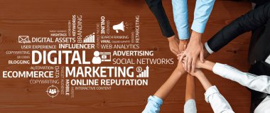 A vibrant display of teamwork showcasing hands around essential digital marketing concepts, highlighting analytics, advertising, and social media strategies for effective growth. Amity