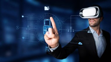 A businessman experiencing virtual reality while interacting with a futuristic interface highlighting security concepts, emphasizing digital innovation and data protection. Raster