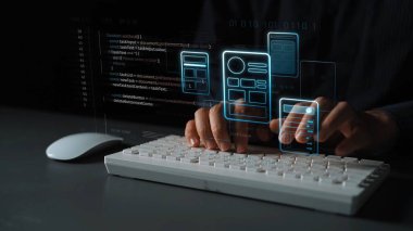 UI UX mockup showing application layout, structure, and code interface. UI design defines user flow, UI design improves clarity, UI design enhances experience, and UX design supports logic. Marrow
