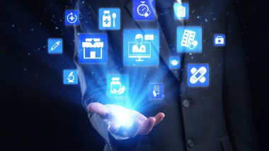 Online pharmacy icons showing medicine, healthcare, prescription and medical services with digital pharmacy, online drugstore, telemedicine and modern pharmaceutical solutions. Gist