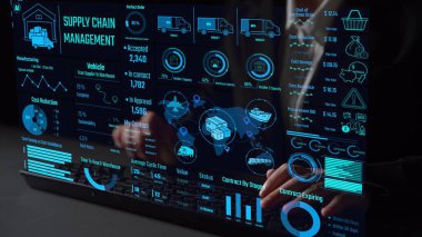 Tedarik zinciri yönetim arayüzü teslimat güzergahlarını, depo verimliliğini, maliyet tasarruflarını, araç takibini, satın alma işlemlerini ve sözleşme aşamalarını gösteriyor. Gelecekçi tedarik zinciri izleme sistemi. Thunk