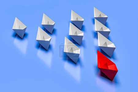 Foto de Liderazgo y concepto de negocio. Una nave líder roja lleva a otras naves hacia adelante. 3d renderizar - Imagen libre de derechos