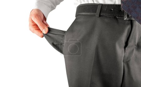 Photo for Bankruptcy concept. Bankrupt business man showing empty pocket with hand isolated on white background - Royalty Free Image