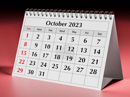 Oktober 2023. Eine Seite des jährlichen Business Desk Monatskalenders. 3D-Darstellung