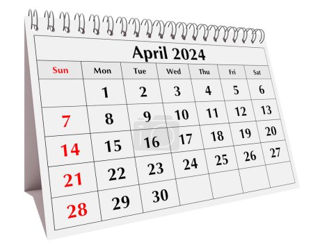 April 2024 calendar. Page of the annual business desk month calendar isolated on white