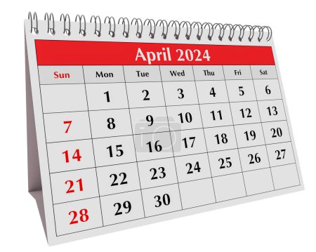 April 2024 Kalender. Seite des jährlichen Business Desk Monatskalenders isoliert auf weiß