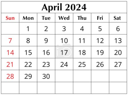 Abril 2024 Calendario mensual INGLÉS. ilustración imprimible. Planificación mensual