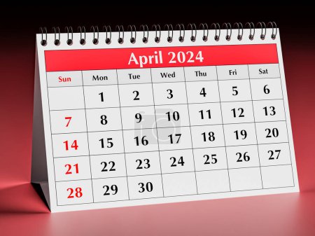 Calendario abril 2024. Una página del calendario mensual anual de la mesa de negocios en primavera