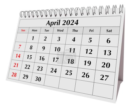 April 2024 Kalender. Seite des jährlichen Business Desk Monatskalenders isoliert auf weiß