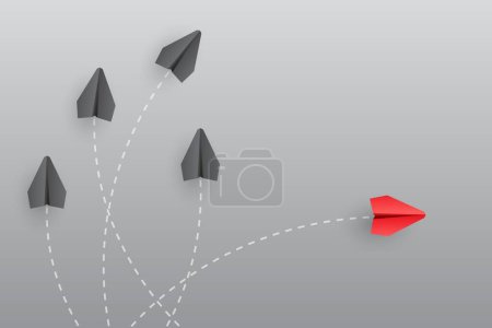 Ilustración de Concepto de individualidad. Líder individual y único avión de papel rojo vuela hacia un lado. Piensa diferente. Ilustración vectorial - Imagen libre de derechos
