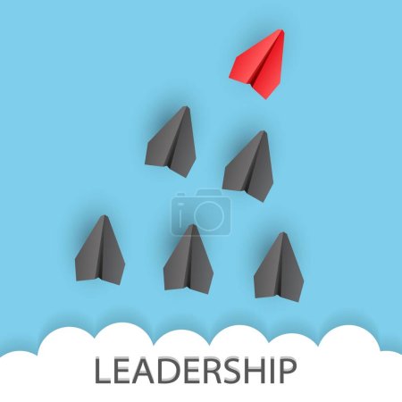 Ilustración de Leadership concept. Unique red leader paper plane lead other with word LEADERSHIP. Vector - Imagen libre de derechos