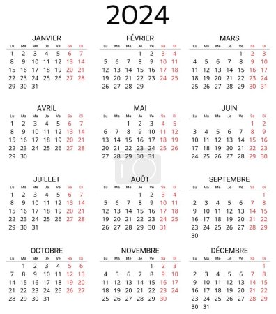 2024 french calendar. Printable, editable vector illustration for France. 12 months year calendrier. landscape