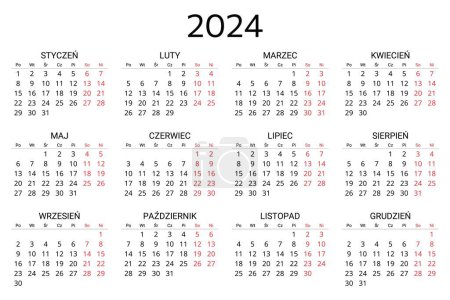 Téléchargez les illustrations : 2024 calendrier polonais. Illustration vectorielle imprimable et modifiable pour la Pologne. 12 mois année kalendarz. Paysage - en licence libre de droit