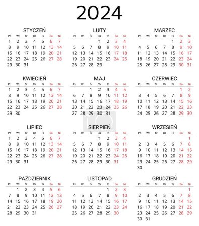 Téléchargez les illustrations : 2024 calendrier polonais. Illustration vectorielle imprimable et modifiable pour la Pologne. 12 mois année kalendarz. portrait - en licence libre de droit