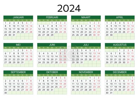 Photo for 2024 dutch calendar. Printable, editable vector illustration for Dutch. 12 months year kalender. - Royalty Free Image