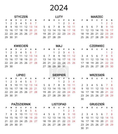 Téléchargez les illustrations : 2024 calendrier polonais. Illustration vectorielle imprimable et modifiable pour la Pologne. 12 mois année kalendarz. portrait - en licence libre de droit