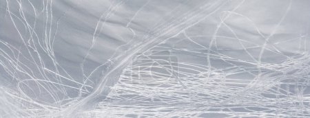 Photo for Panoramic view on snowy off-piste slope with traces of skis and snowboards at sun winter day - Royalty Free Image