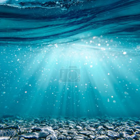 Foto de Deep underwater, abstract marine background. Tranquil view - Imagen libre de derechos