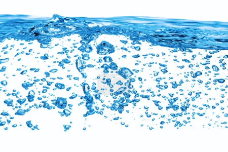 Téléchargez les photos : Bulles d'eau et d'air bleues dans la piscine sur fond blanc avec espace pour le texte - en image libre de droit