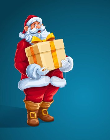 Navidad Santa Claus hombre con gran regalo en las manos. Feliz carácter el traje de fiesta rojo que sostiene la caja de lazo dorado de la cinta. Sobre fondo azul. Ilustración vectorial