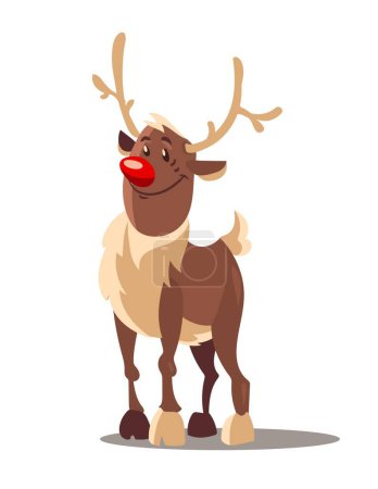 Rudolph Rentier Weihnachtscartoon-Figur, lächelndes nördliches Tier mit roter Nase und Geweih. Isoliert auf weißem, transparentem Hintergrund. Vektorillustration