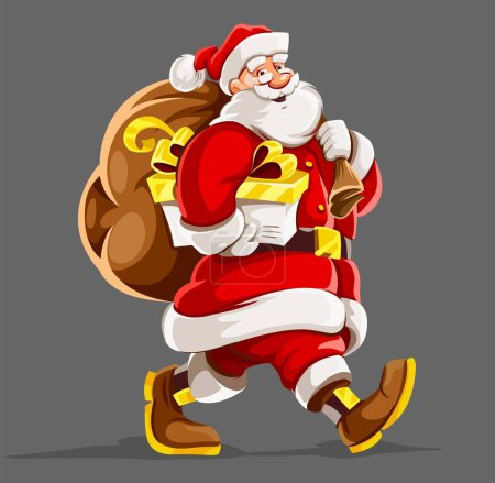 Christmas holiday. Santa Claus with full sack of gifts walking and smiling. Isolated on gray background. Vector illustration