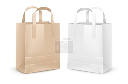 Kraft und matte Paper Einkaufstaschen Mockup isolierte realistische Verpackungen für Supermarkt oder Lebensmittelgeschäft. Design auf weißem transparentem Hintergrund. Mit Griffen. Vektorillustration