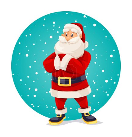 Père Noël souriant en costume rouge debout seul. Noël personnage de dessin animé de vacances. Neige tombant dans le cercle. Illustration vectorielle.