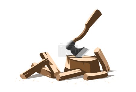 Chopping wood. Axe Sticking Out in Tree Stump. Firewood. Vector