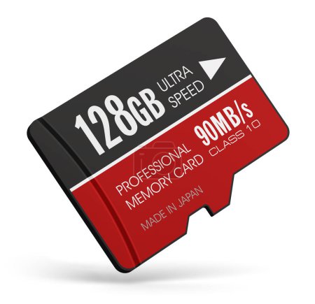 Creative abstract mobile technology and data storage industry business concept: 3D render illustration of high speed 128 GB Class 10 professional MicroSD flash memory card for usage in smartphones, tablet computer PC, mobile phones, photo cameras and