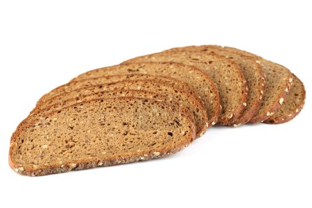 Foto de Rebanadas de pan con semillas de girasol y copos de avena aislados sobre fondo blanco. - Imagen libre de derechos