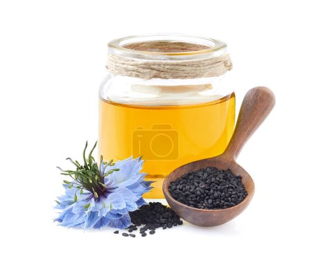 Photo for Black cumin oil on white background - Royalty Free Image