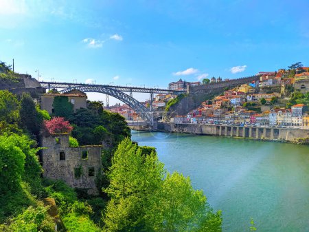 Abandoned building covered with plants at the riverbank of Douro river, sunny cityscape of old town, Dom Luis bridge, Porto, Portugal