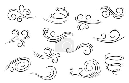 Téléchargez les illustrations : Doodle wind motion. Isolated vector set of abstract air swirls, blow waves, curve spirals in black colors, capturing the dynamic essence of movement and energy in a playful and artistic cartoon manner - en licence libre de droit