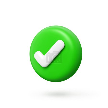 Illustration for 3d check icon, checklist tick, done mark. Green circle with a white tick angle view. Isolated vector plastic style checkmark, symbol of selection, confirmation or approval. Yes button for web app - Royalty Free Image