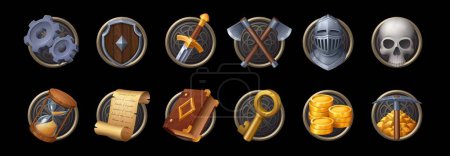 Illustration for Game asset icons. Shield, sword, golden money coins, magic or spell book. Gold nuggets with pickaxe and scroll, hourglass, knight armor, skull and cogwheels, crossed axes and key Cartoon ui elements - Royalty Free Image