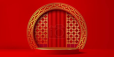 Ilustración de 3d etapa de podio rojo chino con arco de adorno de oro y celosía de oro. Pedestal vectorial realista con cortinas, arco redondo ornamentado adornado con patrones intrincados. Opulenta escena tradicional de China - Imagen libre de derechos