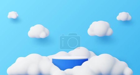 Illustration for Kids podium with white fluffy clouds. Round blue and white stage. 3d vector platform or pedestal render mockup for children products displaying. Cloudy studio sky showcase background for presentation - Royalty Free Image