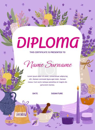 Illustration for Diploma certificate with lavender cosmetics products. Beauty and skincare education and graduation document for professional in cosmetology and health care. Vertical vector template with lavender - Royalty Free Image