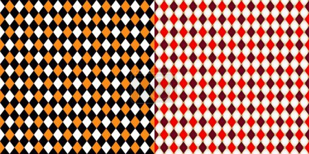 Illustration for Harlequin patterns, rhombus lozenge pattern. Vector seamless ornaments in circus style with diamond-shaped motifs in contrasting colors. Repetitive tile design, print, carnival costume texture - Royalty Free Image