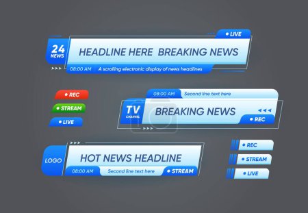 Illustration for Lower third header banners for breaking news and TV live broadcast bars, vector templates. Lower third header banners with screen headline, channel frames with live stream recording for news - Royalty Free Image