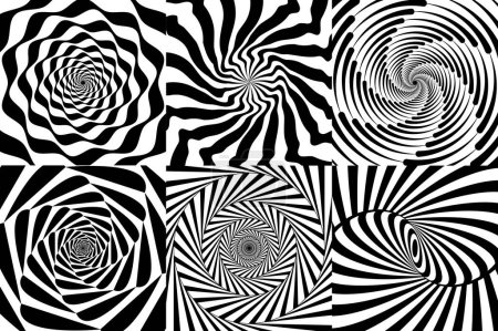 Illustration for Hypnotic spiral swirl, psychedelic hypnosis patterns. Vector swirling black and white backgrounds with spinning vortex. Optical illusions twists, twirls and radiant stripes for hypnotherapy effect - Royalty Free Image