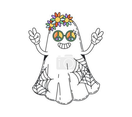Illustration for Cartoon Halloween groovy ghost character. Hippie spook personage with peace symbols instead of eyes, flower wreath on head, showing victory gesture. Isolated vector funky ghostly hippy phantom - Royalty Free Image
