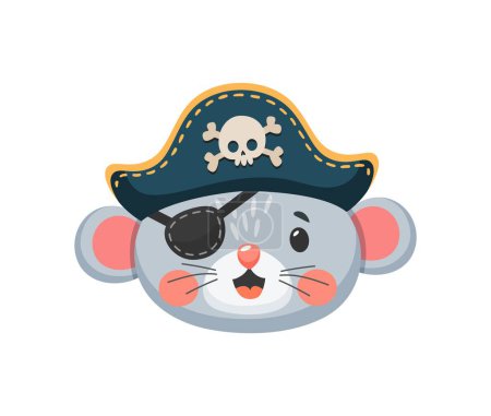 Illustration for Cartoon mouse animal pirate, filibuster and corsair character, playful skipper and boatswain personage. Isolated vector rodent captain with rosy cheeks wears eye patch and tricorn hat with a skull - Royalty Free Image
