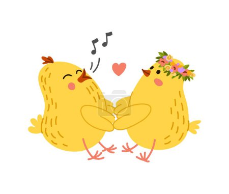 Illustration for Adorable chicks boy and girl characters happily tweet while holding tiny wings, Isolated vector little hen birds with fluffy yellow feathers and bright smiles, share love and romance on poultry farm - Royalty Free Image