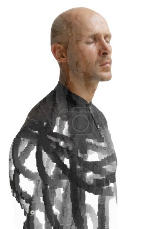 Téléchargez les photos : Un portrait artistique monochrome double exposition d'un homme aux yeux fermés combiné à des rayures noires abstarct - en image libre de droit