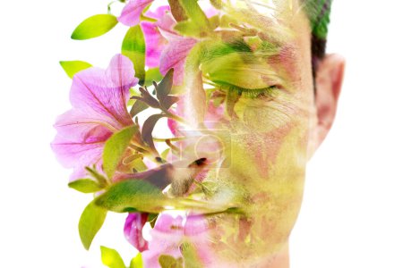 Photo for A portrait of a man with eyes closed combined with a photo of a bright pink flower in double exposure - Royalty Free Image